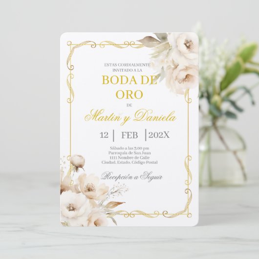 Boda de oro con flor blanca einladung (Stehend Vorderseite)