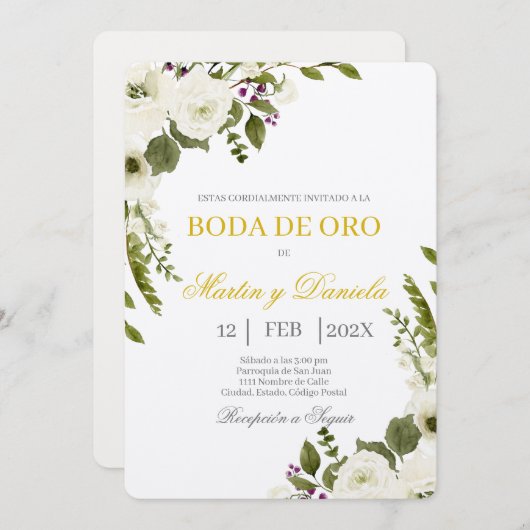 Boda de Oro con Ramo de flor blanca Einladung (Vorne/Hinten)