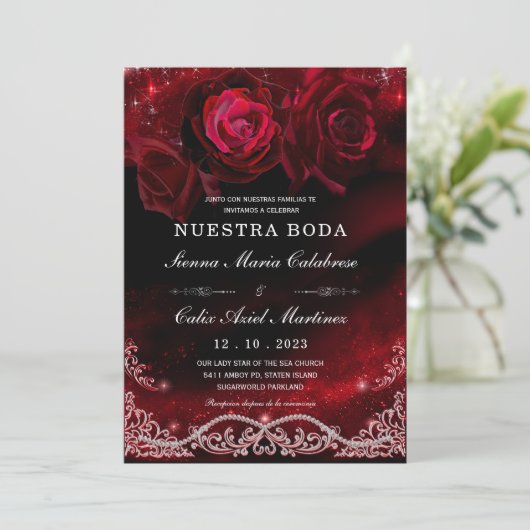 Boda en Negro, Rojo y Blanco Einladung (Stehend Vorderseite)