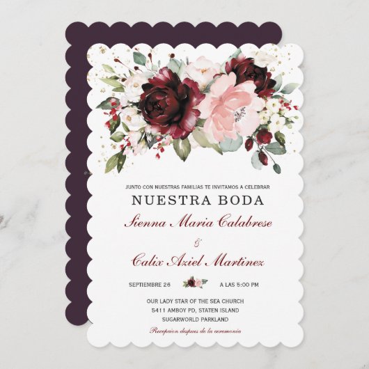 Boda en oro burdeos y rosa rubor einladung (Vorne/Hinten)
