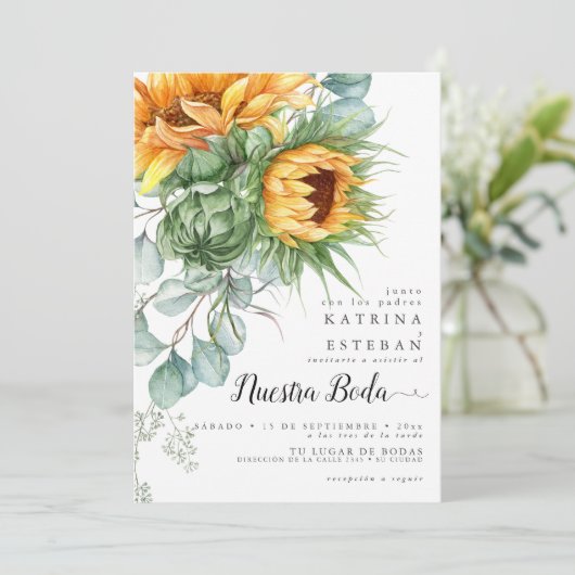 Boda española rústica de girasoles amarillos einladung (Stehend Vorderseite)