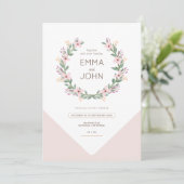 Boda romántico rosa corona de flores silvestres einladung (Stehend Vorderseite)