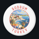 Bodrum Turkey Retro Distressed Circle Magnet<br><div class="desc">Bodrum Retrovektor Vektor Reise Design. Bodrum ist eine Stadt auf der Halbinsel Bodrum, die sich von der Südwestküste der Türkei bis ins Ägäische Meer erstreckt. Die Stadt verfügt über zwei Buchten mit Blick auf das Schloss Bodrum.</div>