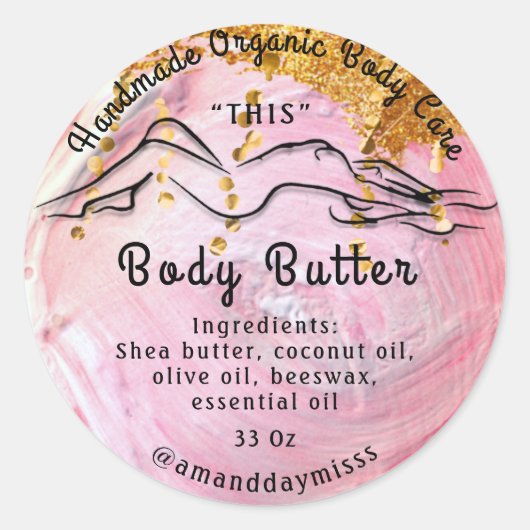 Body Butter Balm Care Verpackung Gold Pink Logo Runder Aufkleber (Vorderseite)