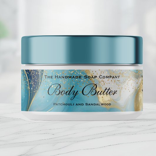 Body Butter Jar Label Blue Marble Gold Glitter
