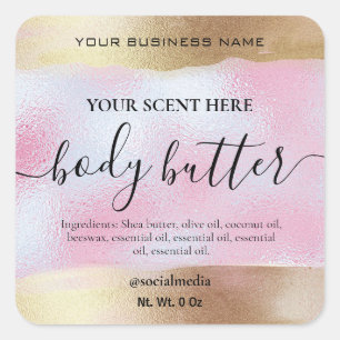 Body Butter Labels in Gold und Holografisch rosa Quadratischer Aufkleber
