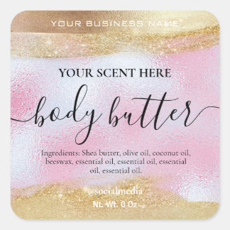 Body Butter Labels in Gold und Holografisch rosa Quadratischer Aufkleber