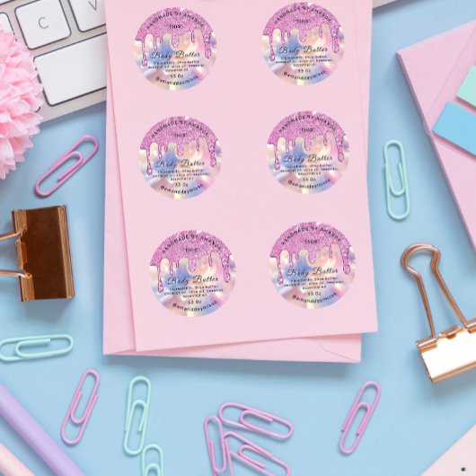 Body Butter Verpackung Rosa Tropfen Holografisch Runder Aufkleber