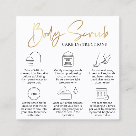 Body Scrub Application Guide White & Gold Logo Quadratische Visitenkarte (Vorderseite)