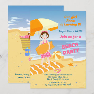 Bodyboard-Mädchen lustige Strand-Geburtstagsfeier Einladung