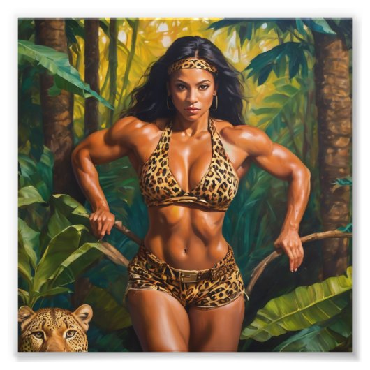 Bodybuilder in Leopard Outfit umgeben von Dschunge Fotodruck (Vorne)