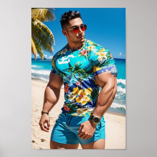 Bodybuilder-Modell am Hawaii Beach Poster (Vorne)