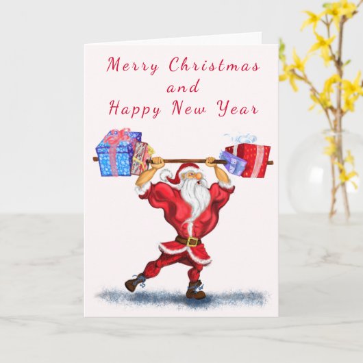 Bodybuilder Santa Claus mit Weihnachtsgeschenken - Karte (Gelbe Blume)