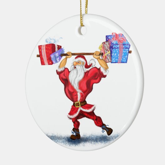 Bodybuilder Santa Claus mit Weihnachtsgeschenken - Keramik Ornament (Links)