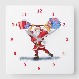 Bodybuilder Santa Claus mit Weihnachtsgeschenken - Quadratische Wanduhr