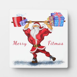 Bodybuilder Weihnachtsmann mit Weihnachtsgeschenke Fotoplatte
