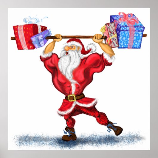 Bodybuilder Weihnachtsmann mit Weihnachtsgeschenke Poster (Vorne)