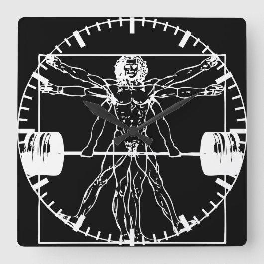 Bodybuilding - Vitruvian Barbell Man Quadratische Wanduhr (Vorderseite)