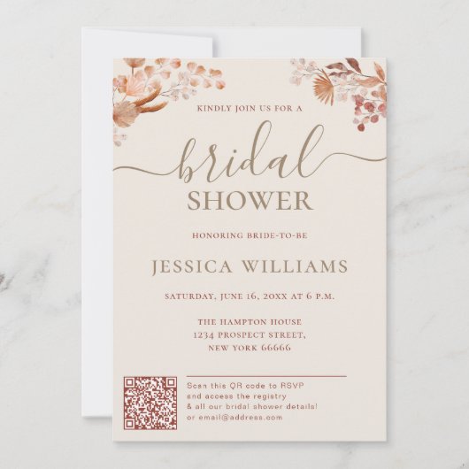 Boemische Blume mit QR-Code-Brautparty Einladung (Vorderseite)