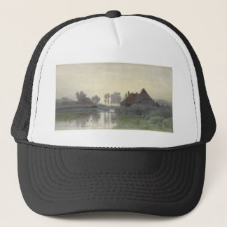 Boer Zuhause auf dem Wasser in Morgennebel Truckerkappe
