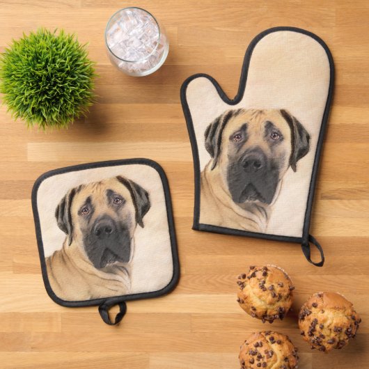 Boerboel Malerei Fawn Red Mastiff Haustier Hund Ku Ofenhandschuh & Topflappen-Set (Oben Unten)