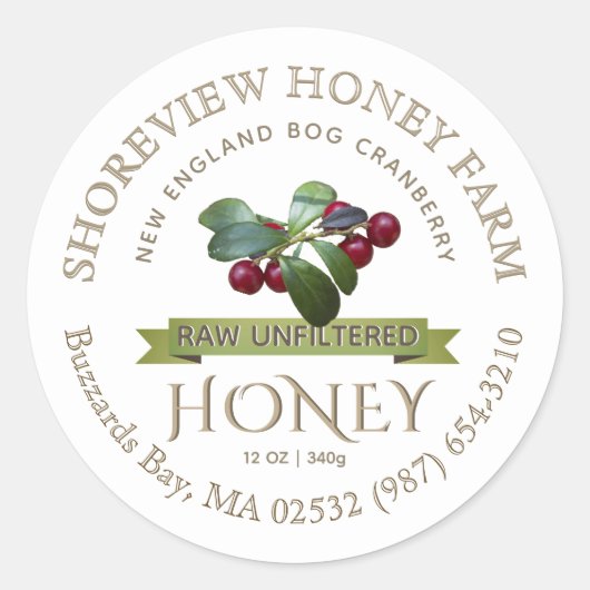 Bog Cranberry Honey Label mit Cranberries Runder Aufkleber (Vorderseite)