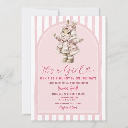 Bogen Boho Süße Häschen rosa Schleife Baby Shower Einladung (Vorderseite)