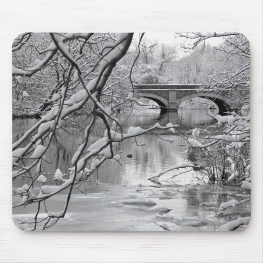Bogen-Brücke über gefrorenem Fluss im Winter Mousepad (Vorne)