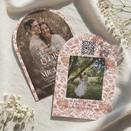 Bogen-Foto-Blumen-Toile-Script-Save-the-Date-Karte Einladung