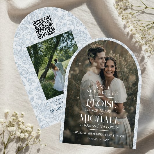 Bogen-Foto-Blumen-Toile-Script-Save-the-Date-Karte Einladung