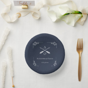 Bogen für Hochzeitspapier für Navy-Monogramm- und Pappteller