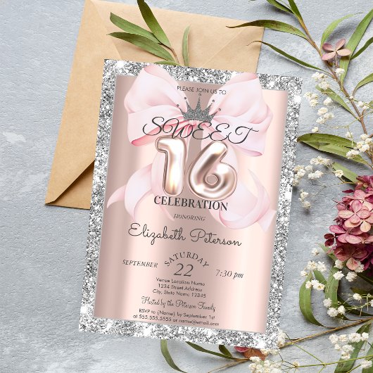 Bogen, Tiara, Roségold Silber Glitter Sweet 16 Einladung