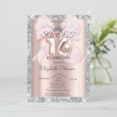 Bogen, Tiara, Roségold Silber Glitter Sweet 16 Einladung (Stehend Vorderseite)