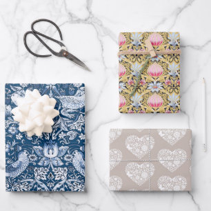Bögen von Geschenkpapier - Blumen - Vögel - Herzen Set