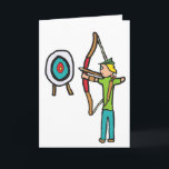 Bogenschießen Karte<br><div class="desc">Bogendesign zeigt Bogenschützen,  die auf das Wettbewerbsziel ausgerichtet sind. Verwendet traditionellen Stil Langbogen mit rotem Grip-Design und trägt schützende Lederarmband und Köcher mit Pfeilen. Eine coole Grafik für Bogenschützen und Bogenfreunde.</div>