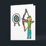 Bogenschießen Karte<br><div class="desc">Bogendesign zeigt Bogenschützen,  die auf das Wettbewerbsziel ausgerichtet sind. Verwendet traditionellen Stil Langbogen mit rotem Grip-Design und trägt schützende Lederarmband und Köcher mit Pfeilen. Eine coole Grafik für Bogenschützen und Bogenfreunde.</div>