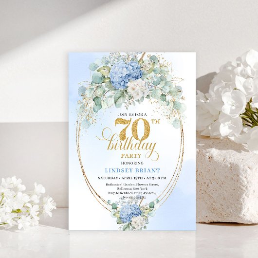 Bohemian 70th Birthday Blue Floral Gold Invitation Einladung