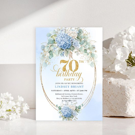 Bohemian 70th Birthday Blue Hydrangeas Gold Invite Einladung