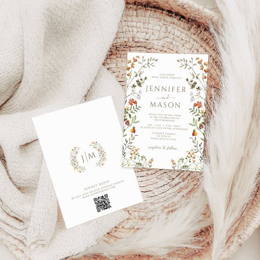 Bohemian Autumn Meadow Flower Wreath Fall Wedding Einladung
