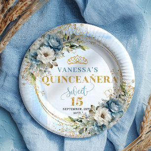 Bohemian Blaue Blumen Eukalyptus Gold Namensschild Pappteller