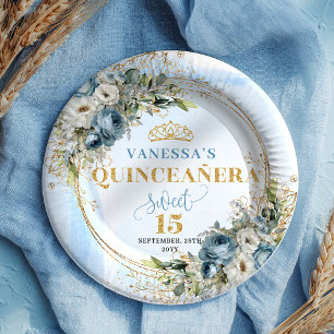 Bohemian Blaue Florale Gold Personalisierte Quince Pappteller