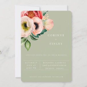 Bohemian Blooms Dusty Olive Hochzeitseinladung Ankündigung
