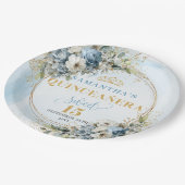 Bohemian Blue Floral Gold Custom Name Quince Plate Pappteller (Schrägansicht)