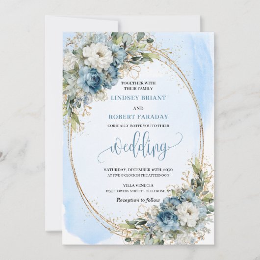 Bohemian Blue Floral Gold Glitter Wedding Invite Einladung (Vorderseite)