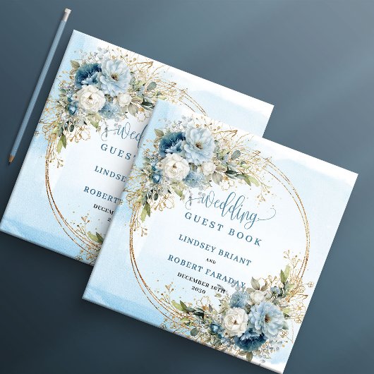 Bohemian Blue Floral Gold Wedding Guest Book Gästebuch