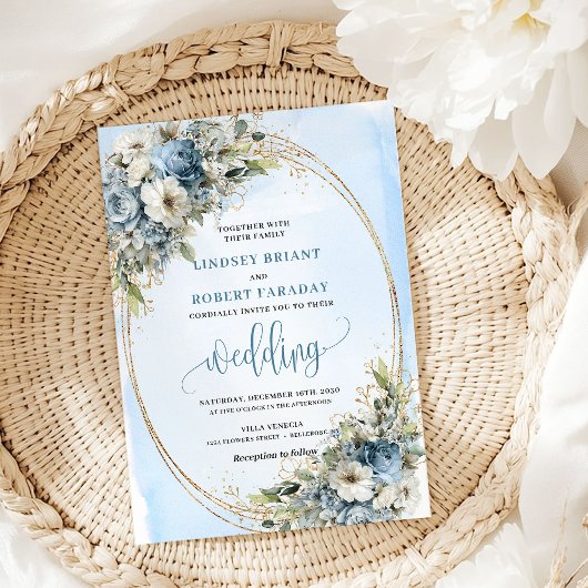 Bohemian Blue Floral Gold Wedding Invitation Einladung