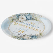 Bohemian Blue Flowers Eucalyptus Gold Name Plates Pappteller (Schrägansicht)