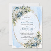 Bohemian Blue Flowers Greenery Gold Wedding Invite Einladung (Vorderseite)