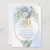 Bohemian Blue Peony Floral Gold Frame 80th Invite Einladung (Vorderseite)