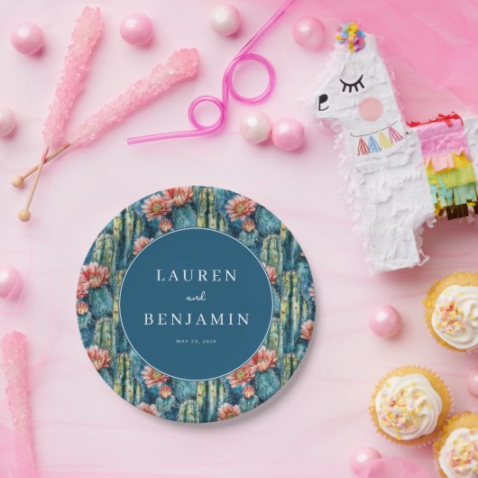 Bohemian Blue Watercolor Cacti Pattern Pappteller (Party)